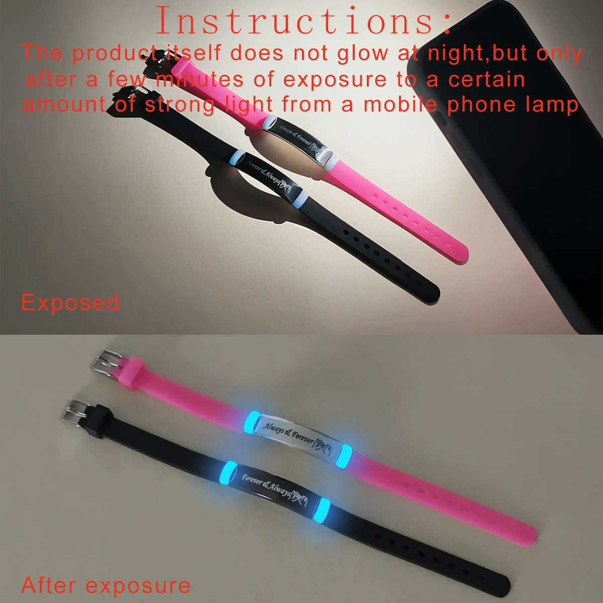 2-Piece Set Always&Forever Glow-in-the-Dark Couple Bracelets Ladies Fashionable Promise Handbands with Hook Pattern view 5