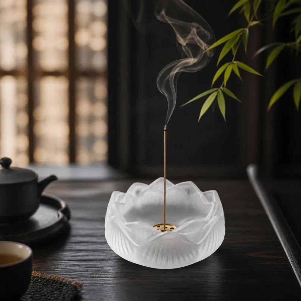 Zen Chinese Style Lotus Incense Burner Crystal Glass Creative Tabletop Incense Base 9 Hole Incense Stick Burner Zen Space