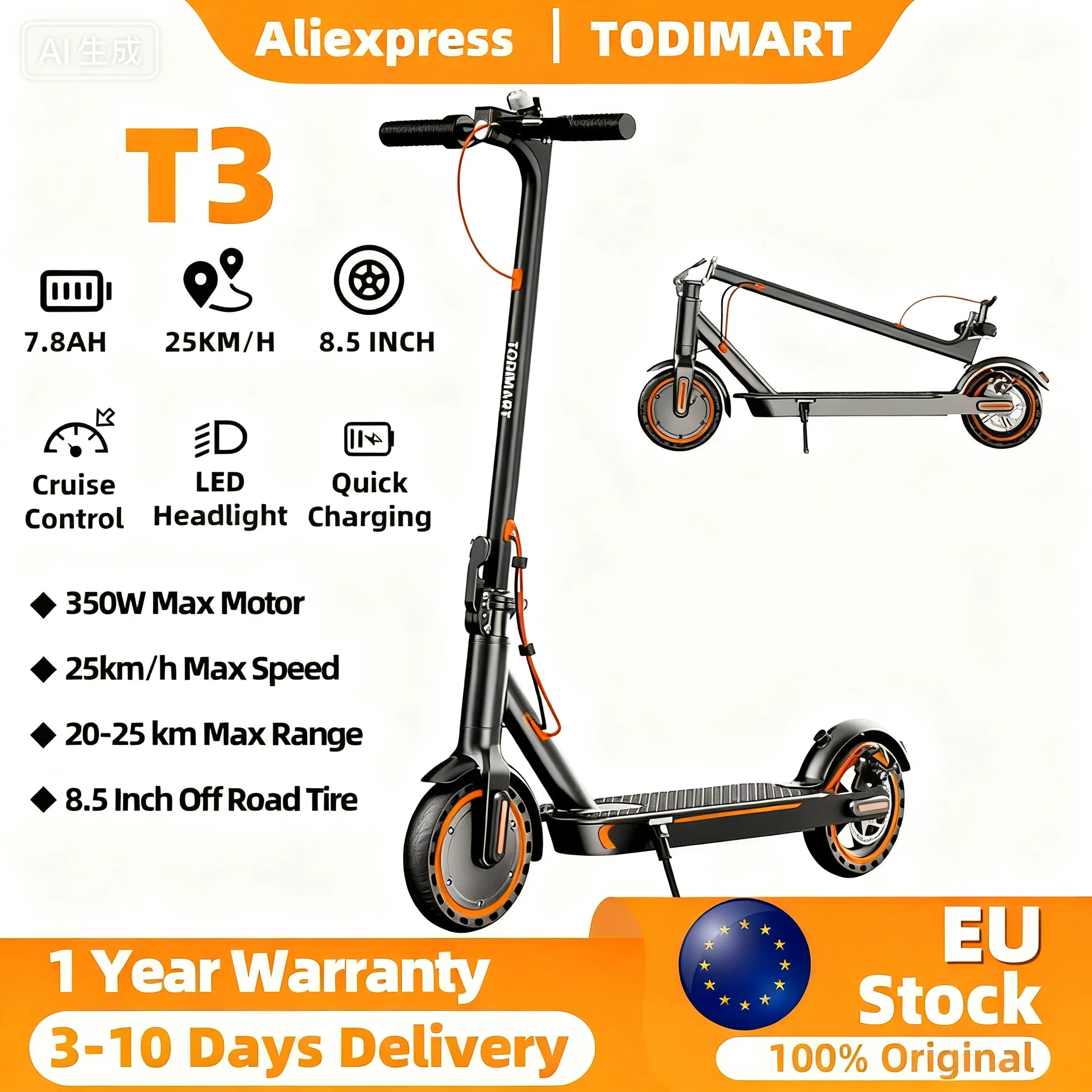 Trottinette électrique ultralégère TODIMART T3 pour adulte,20-35KM, 350W, batterie 36V 10.4Ah, pneus nid d'abeille increvables