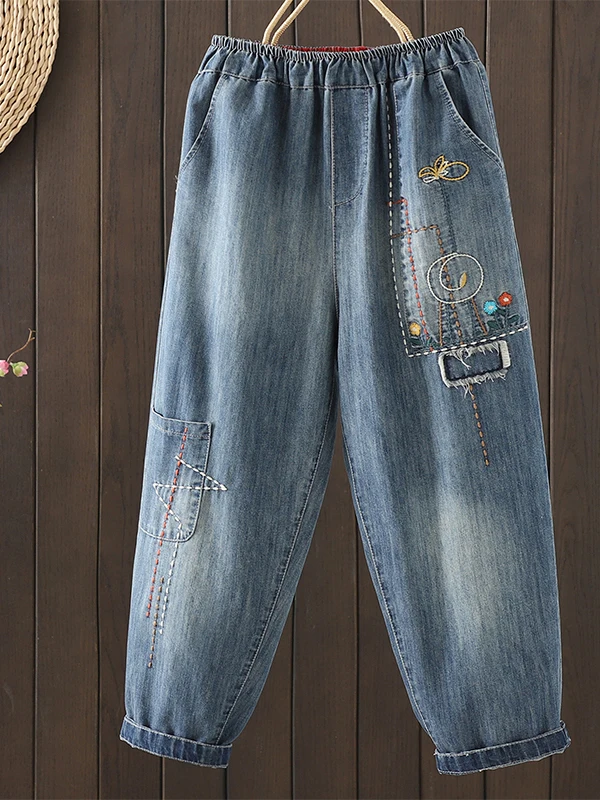 

Loose Large Size Nine-Piece Pants Embroidered Denim Harlan Women's Elastic Waist Slimming Pants Casual High Waist Autumn