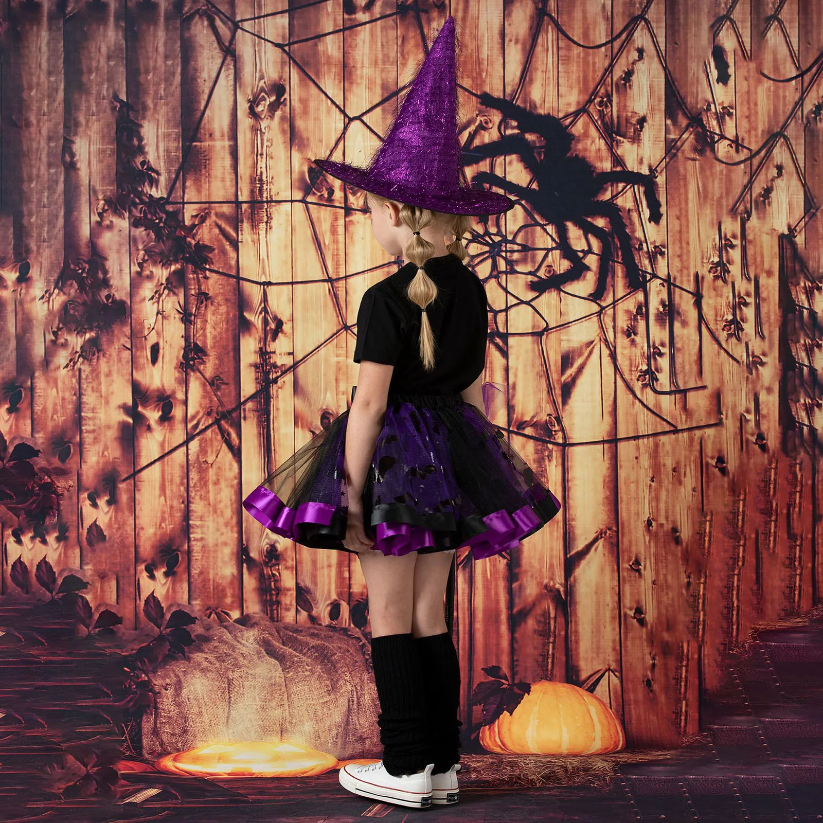 Kids Girls Halloween Witch Costume Accessory Set Print Mesh Tutu Skirt with Witch Hat Witch Broom for Cosplay Carnival Party