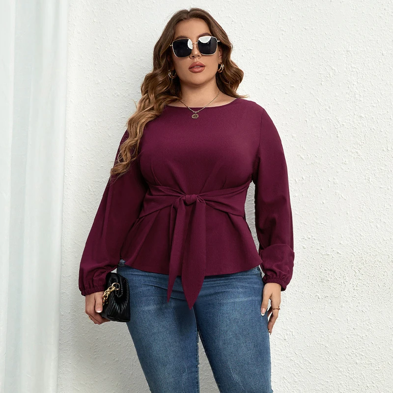 Della Mel-blusa informal de manga larga para mujer, top liso con cuello redondo, talla grande, elegante, a la moda, para oficina