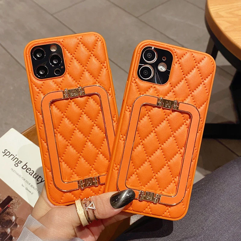 Fashion Metal Square Holder Orange lattice Leather Phone case For iPhone 13 12 11 Pro X XS Max XR 7 8 Plus Protection Cover