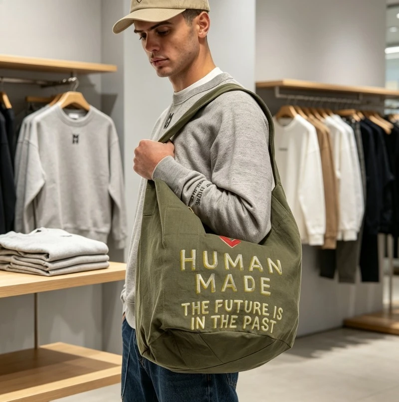 HUMAN MADE Large Tote Bag Cotton Canvas Heart Logo Shoulder Handbag Casual