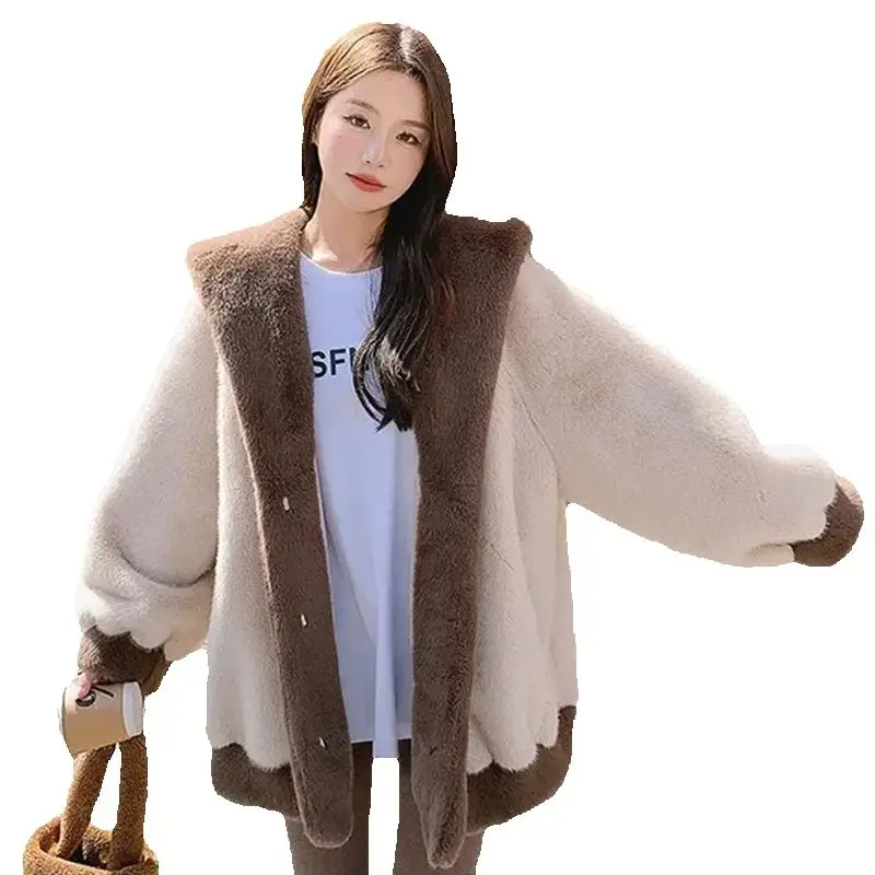 Autumn Winter Mink Fur Coat Women 2024 New Fashion Loose Casual Hooded Cotton Jacket Thicken Warm Pure Colour Outerwear Female