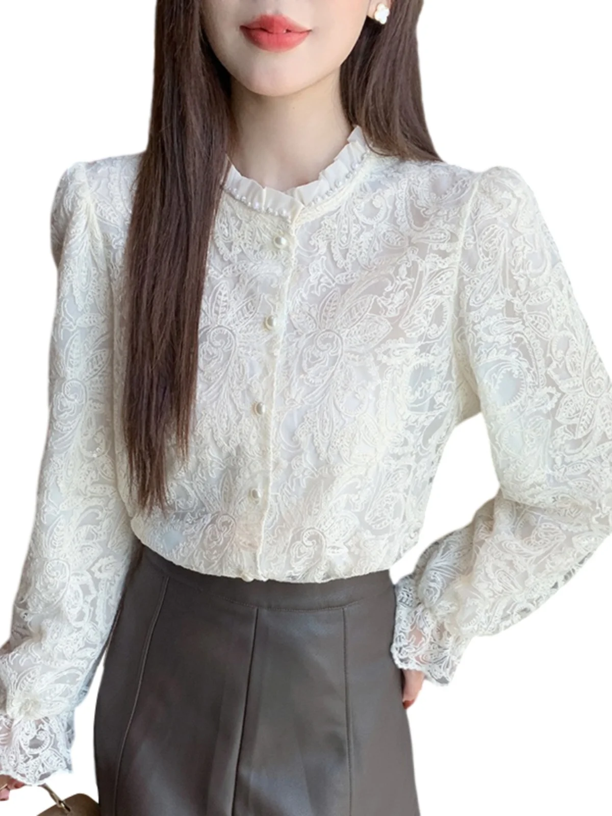 

Women French Lace Button Up Shirt Long Sleeve Hollow Out Stylish Blouse