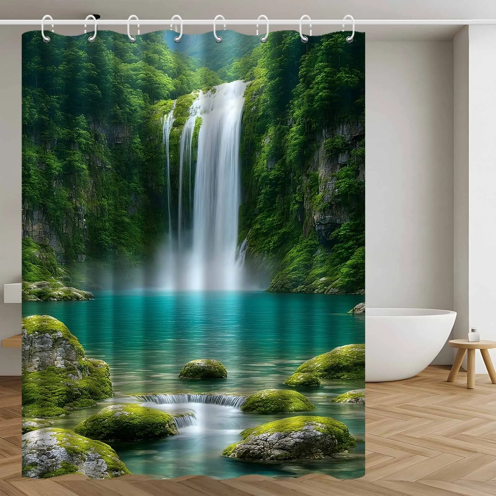 Waterfall Shower Curtain Waterproof Fabric Bathroom Curtains Forest Lake Scenery Bath Screen Divider Home Decor With Hooks
