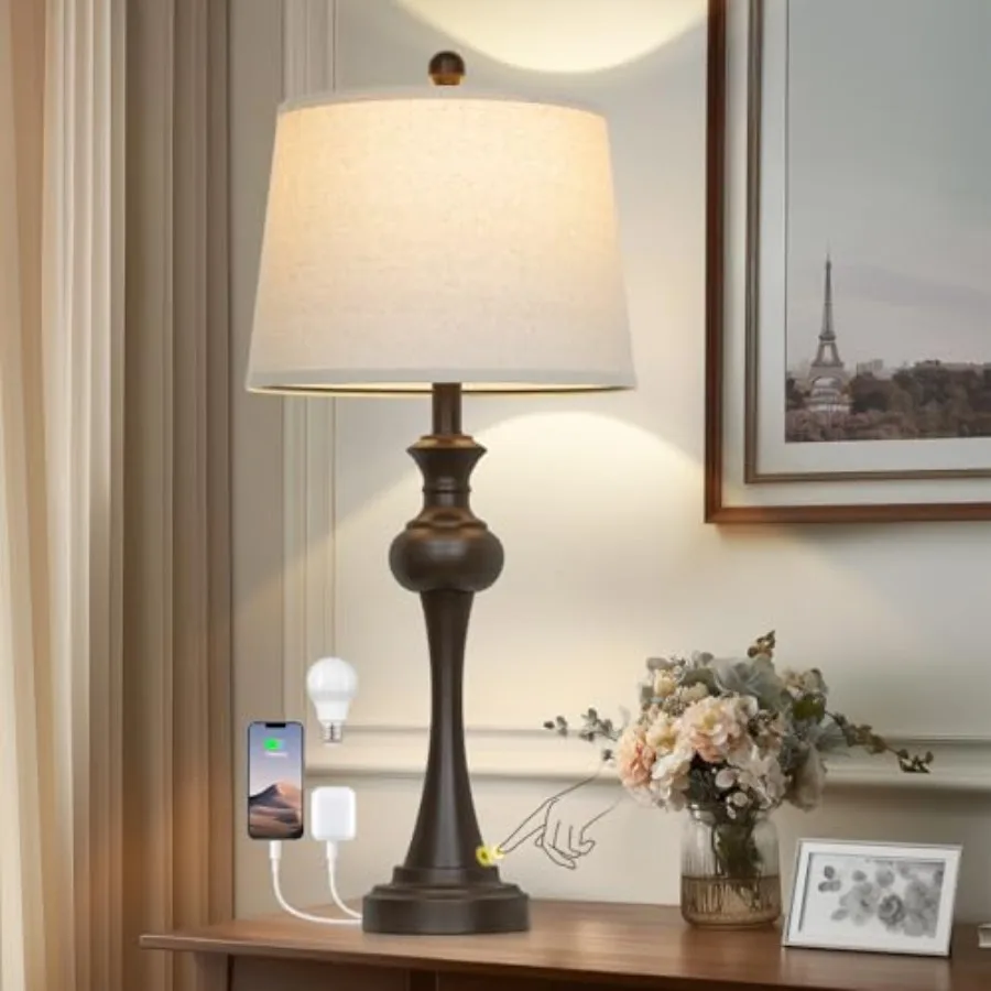 

29" Tall Brown Table Lamp, 3-Way Dimmable Touch Control Bedside Lamp with USB A+C and AC Outlet for Bedroom, Living Room 1 Pack