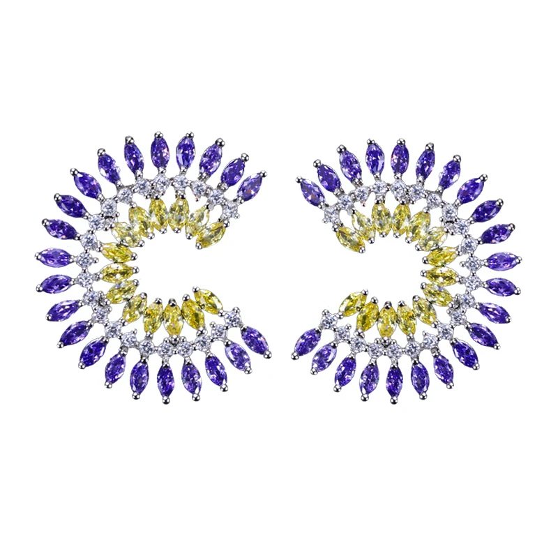 CWWZircons Unique Purple Yellow Cubic Zirconia Big Round Stud Earrings for Women Trending Boho Party Jewelry Accessories E0200