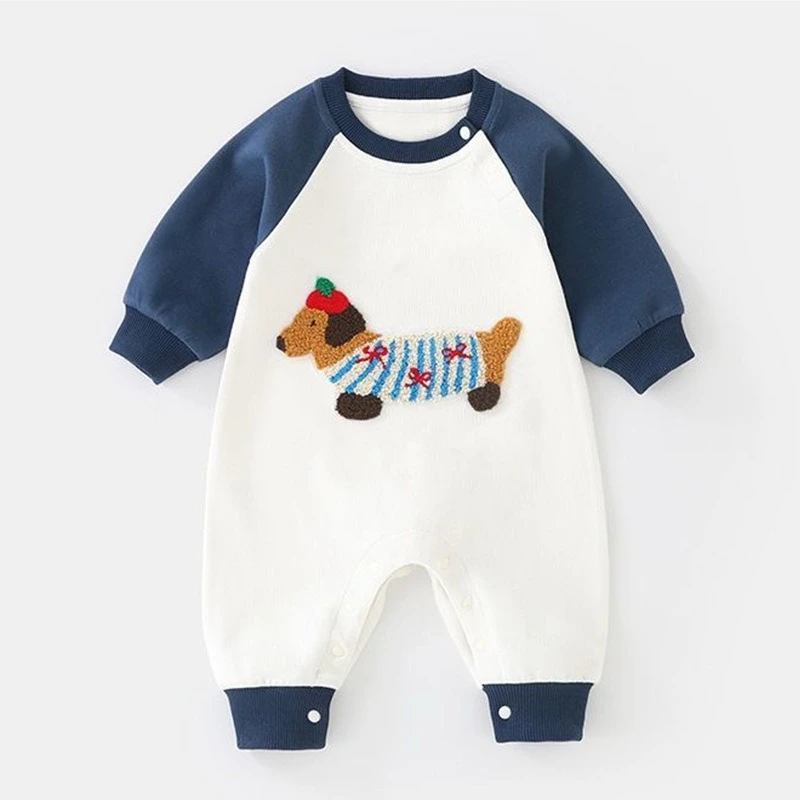 Unisex Baby One-Piece Romper Clothing  for Spring/Autumn Boys Girls Cute Embroidered Dog Logo Long Sleeved Jumpsuit for Outdoor