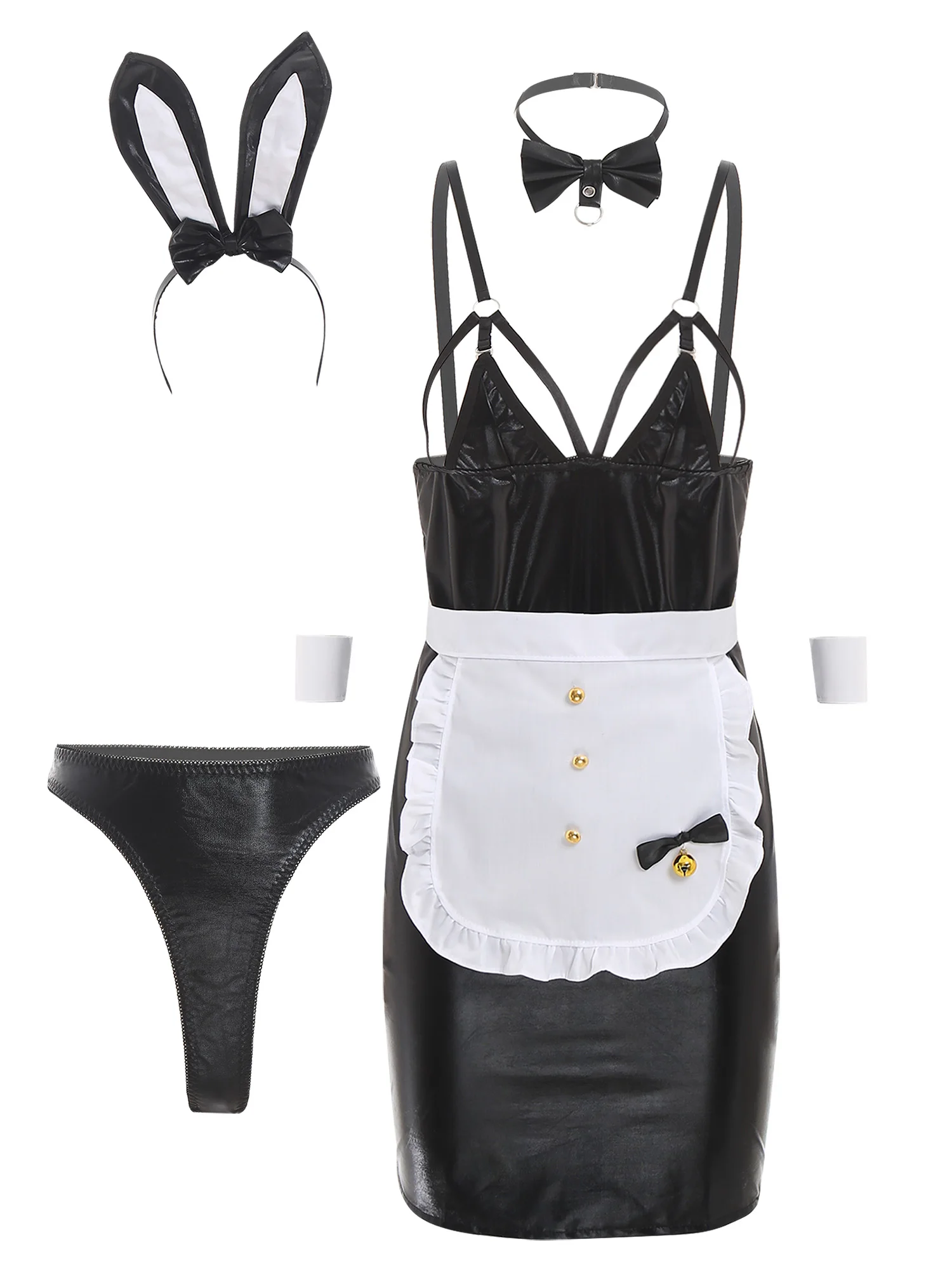 النساء الملابس الداخلية أنيمي خادمة تأثيري وتتسابق فستان بكتافة T-الظهر ثونغ أرنب الأذن أغطية الرأس ربطة المئزر خادمة إغراء المثيرة مجموعة