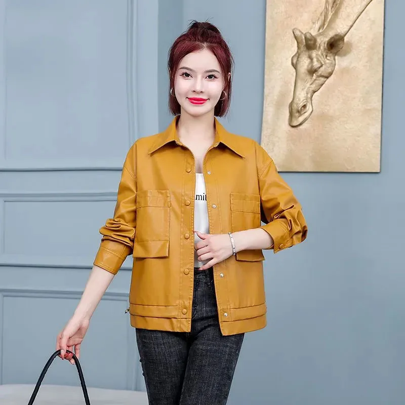 Short PU Leather Jacket NEW Autumn Black Yellow Leather Coat Women All-match Button Outwear Female Korean Loose Casual Tops 4XL