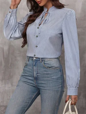Textured Pleated Blouse Women Stand Collar Tie Neck Long Sleeve Button Front Office Shirt