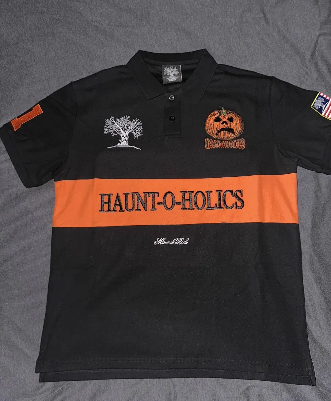 Black HAUNT-O-HOLICS Polo Shirt Y2k America Retro Street Hip Hop