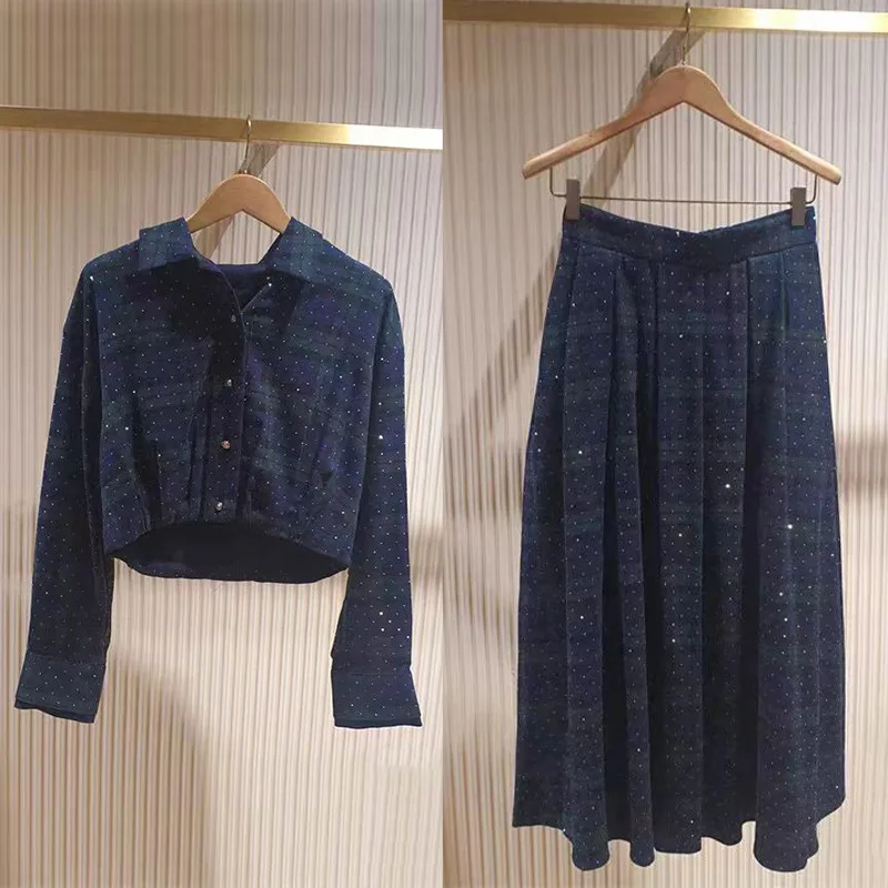 【هدية مجانية】مجموعة تنورة متوسطة الطول منقوشة بألوان من حجر الراين لخريف وشتاء 2025 للنساء #1