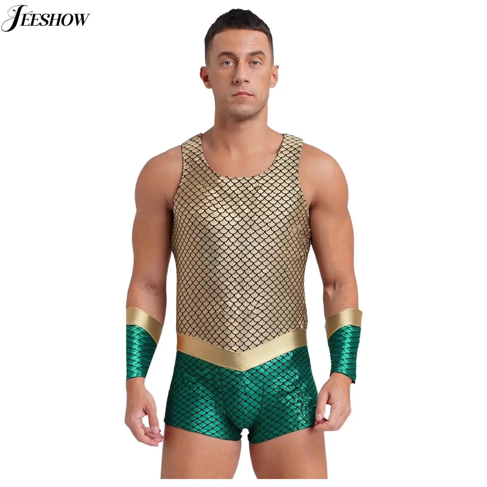 

Mens King of the Sea Costume Shiny Metallic Fish Scale Print Sleeveless Bodysuit with Arm Sleeve Halloween Theme Party Dress Up