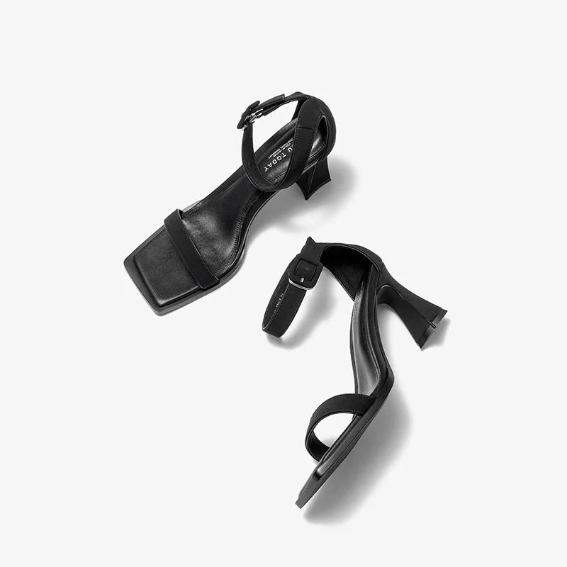 BEAUTODAY Modern Sandals Women Fabric Solid Color Square Toe Elegant High Heel Pumps Buckle Strap Ladies Shoes Handmade 31283