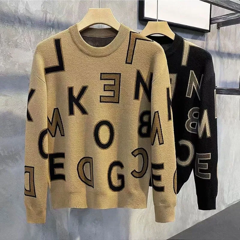 Men's Clothing Autumn and Winter high quality Loose Crewneck Sweater plus size Contrast Color Letter Knitwear Top Y2K clothes