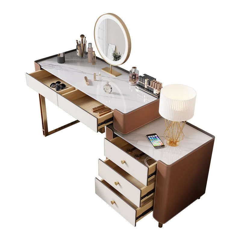 

Light luxury rock slab dresser saddle leather minimalist makeup table LED integrated modern simplicity