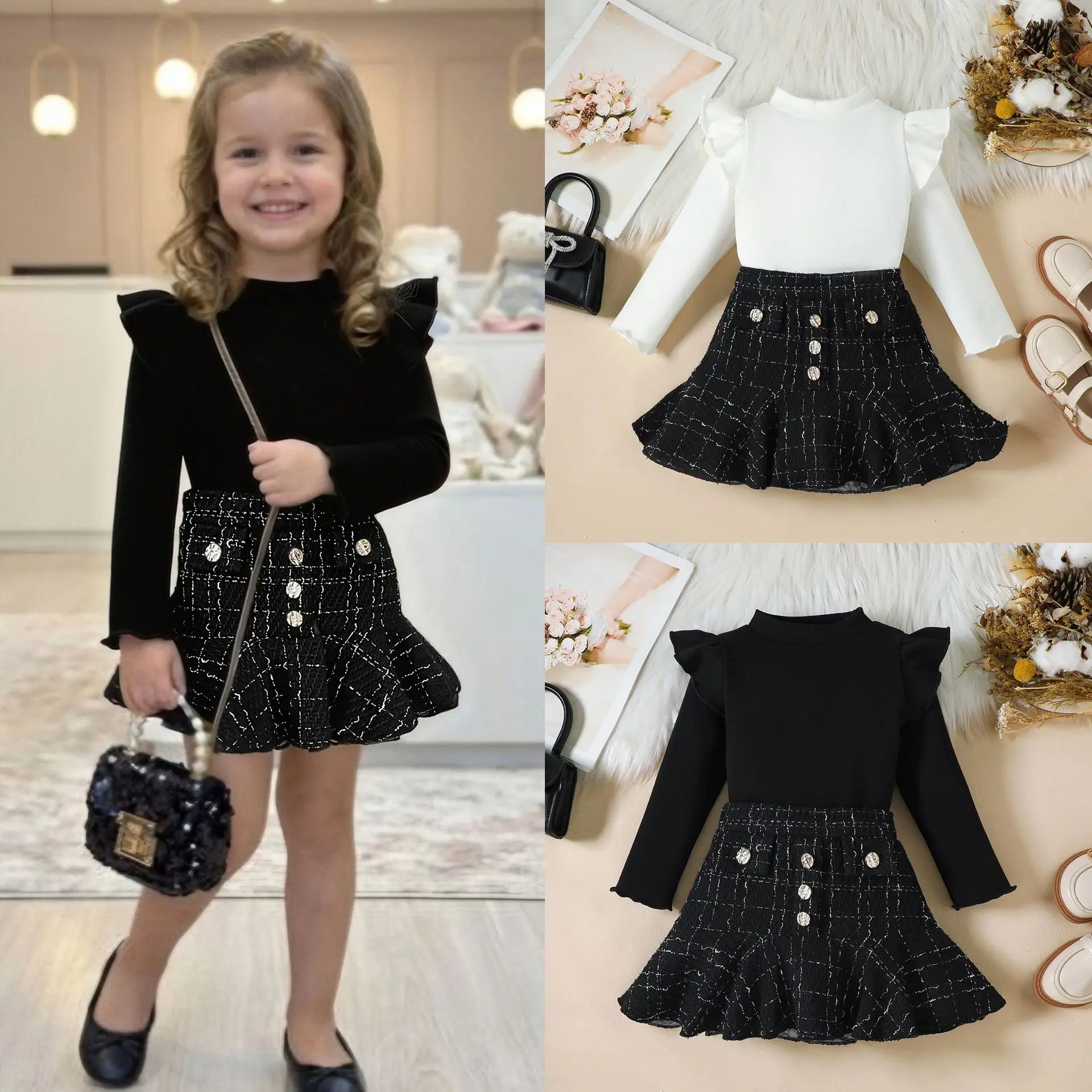 European and American Girls Spring Autumn New Flying Sleeve Top Small Fragrant Style Plaid Fishtail Skirt Two-piece Set