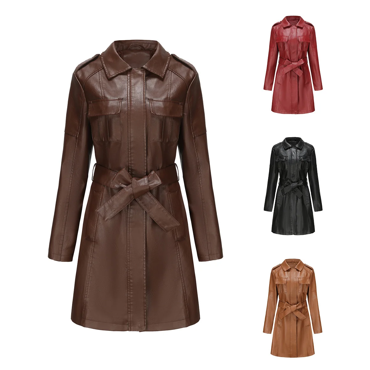 2023 New Mid length Leather Coat with Belt Spring and Autumn Long Sleeve Leather Windbreaker Fashion British Coat Women