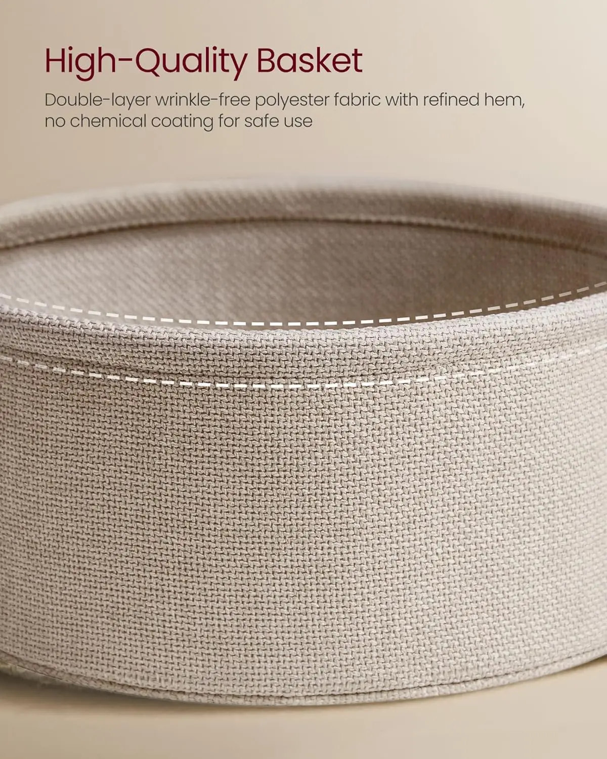 LILEA Collection - Small Round Side End Table, Modern Nightstand with Fabric Basket, Matte White and Camel Brown ULET223W10