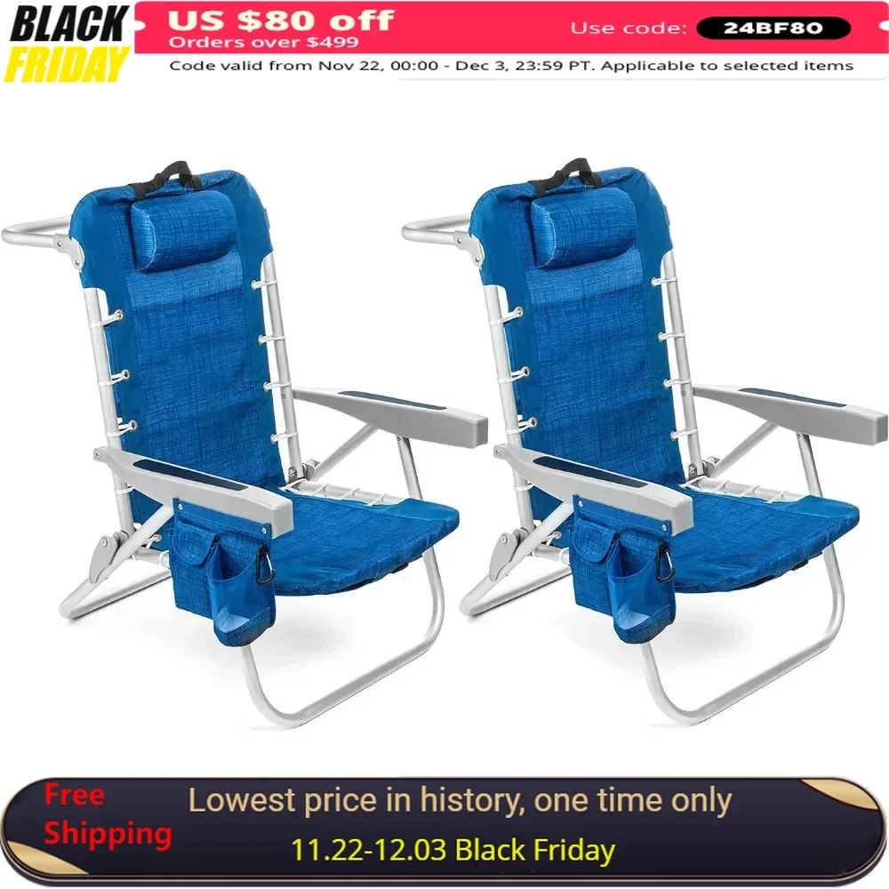 Beach Chair Set of 2, Adjustable 5 Positions,Cup Holder and Phone Holder,foldable Patio Recliner.