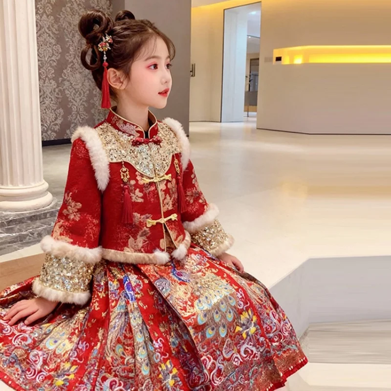 Girls Hanfu Outfit Winter Children Tangsuit Traditional Chinese New Year Customes Kids Thicken Warm Coat+Skirt 2 Pieces Suits