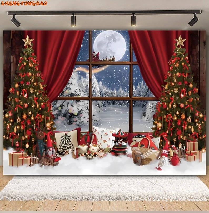 Christmas Backdrop Xmas Tree Winter Window Fireplace Santa Claus Gift Family Portrait Photography Background Decor Photo Studio