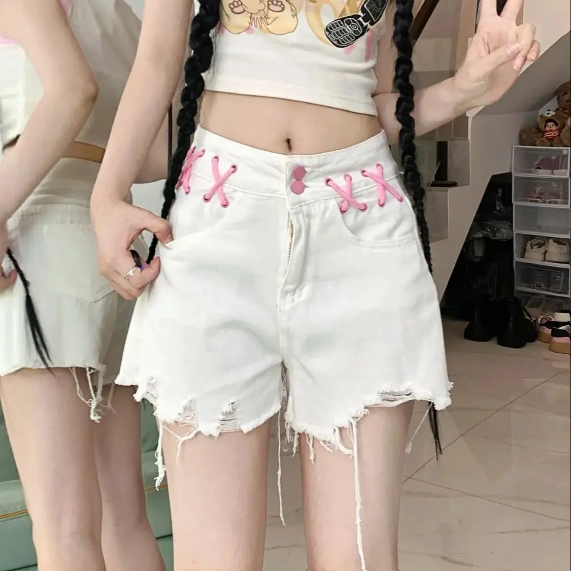 Denim Shorts Raw Edge Kordel zug hohe Taille American Hottie Style Frauen Sommer Shorts Abnehmen Hot pants Straight Pants