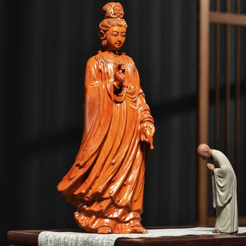 

Handmade Wood Carving Ornaments Guanyin Buddha Statue Religious Crafts Buddhism Wooden Figure Sculpture Home Decoration