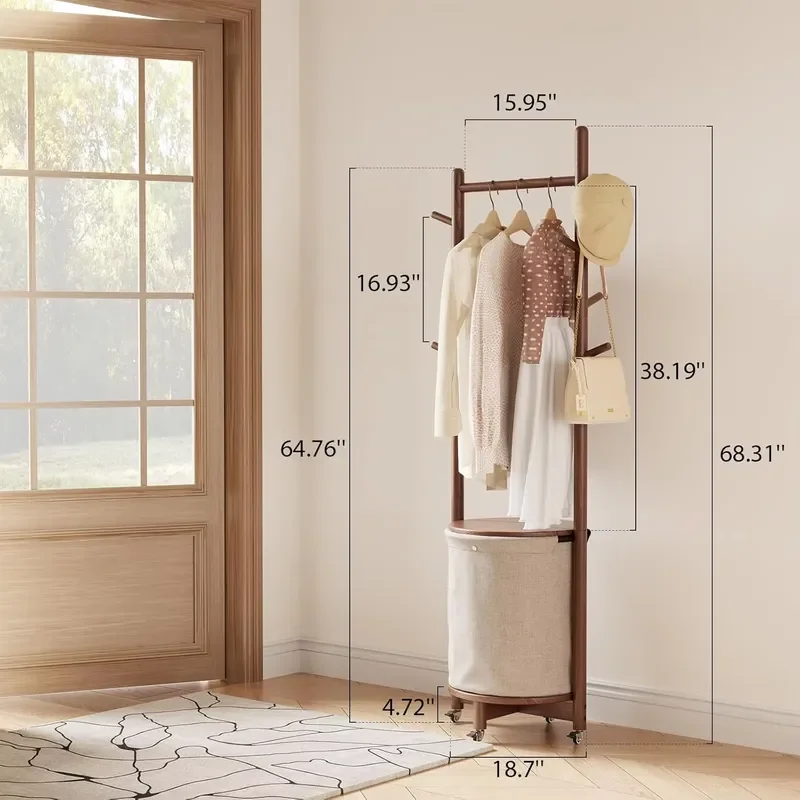 US Stock Solid Wood Coat Rack with Fabric Basket 9 Hooks Wheels-Freestanding for Entryway Bedroom Hallway Living Room GYJ063