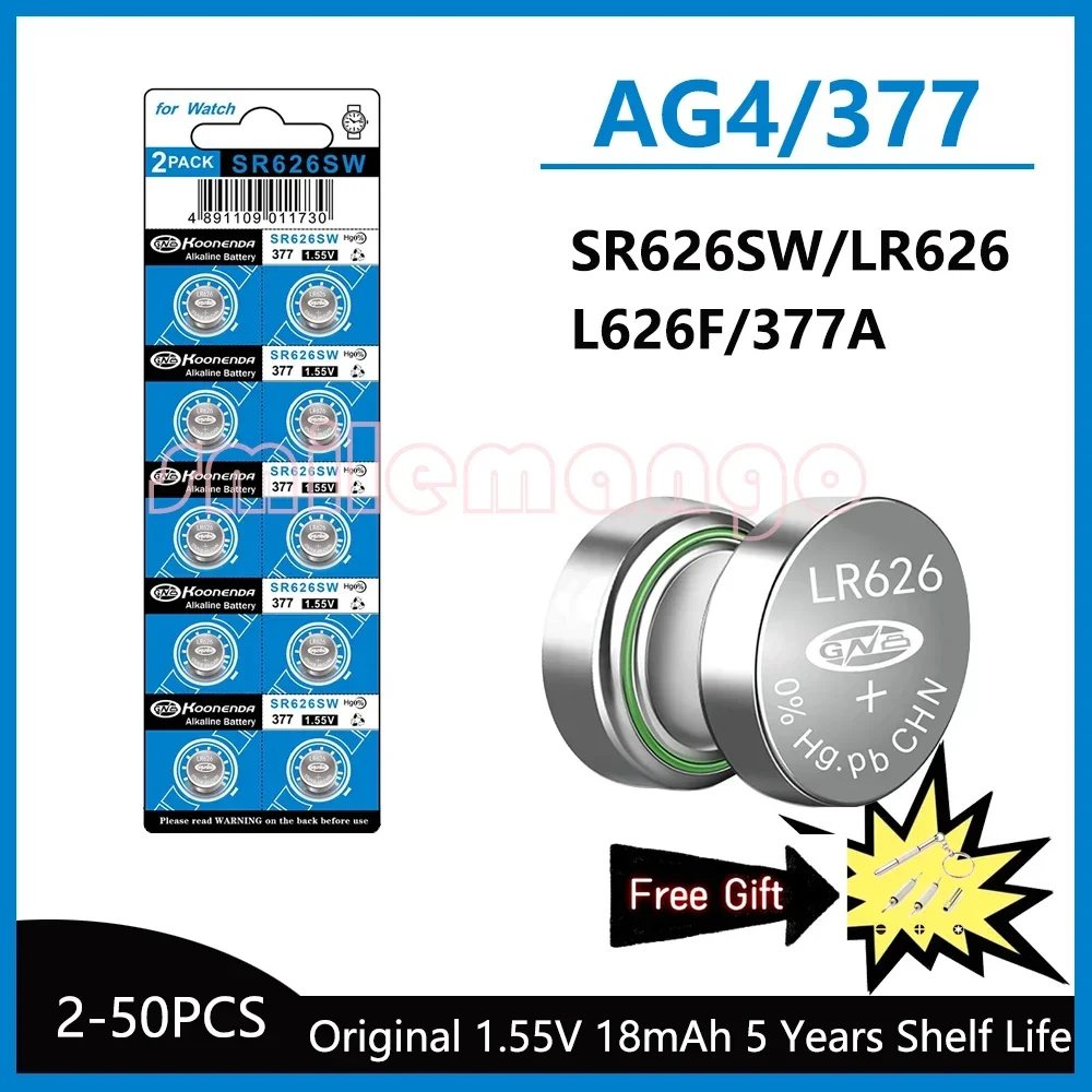 Pilas alcalinas de botón AG4, 1,55 SR626, SR626SW, 377, 177, 376, 626A, LR66, LR626, para reloj, juguetes, 2 piezas-50 piezas