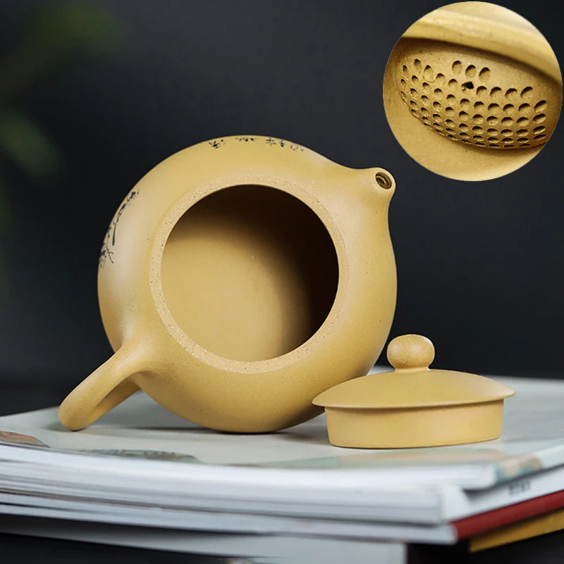 260ML Yixing Teapot Section Mud Kettle Pure Handmade Oblate Ball-hole Filter Tea Pot Hand-painted Bamboo Bird Tea Set Teaware