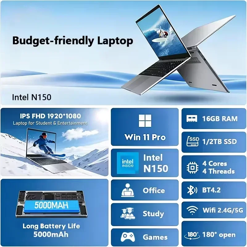 2026 Versatile Intel Core N150 14.1 Inch Laptop 32GB RAM 2TB SSD Windows 11 Ultra Slim Gaming Gamer Office Notebook 1920x1080