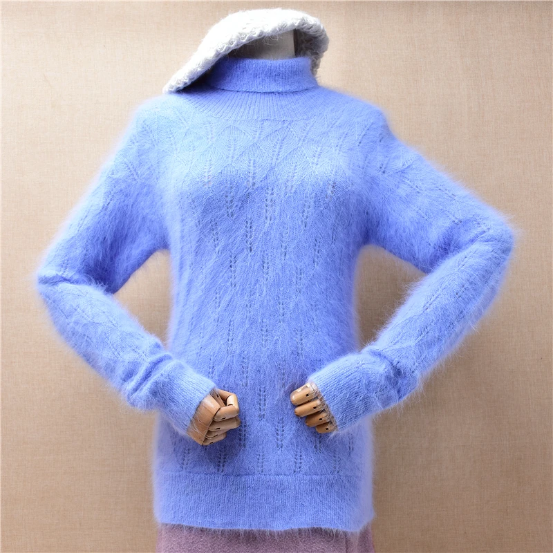 01 Ladies Women Fall Winter Clothing Hairy Angora Rabbit Hair Knitted Turtleneck Slim Blouses Angora Fur Jumper Sweater Pull Top