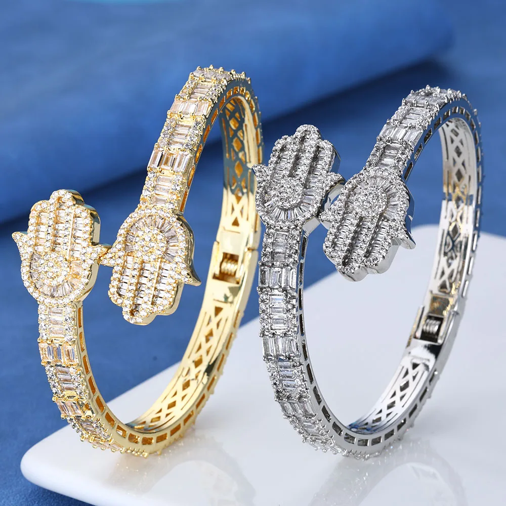 New Arrived Hot Selling Hip Hop Men Women Jewelry Full Paved 5A Cubic Zirconia CZ hamsa Hand Charm Bangle