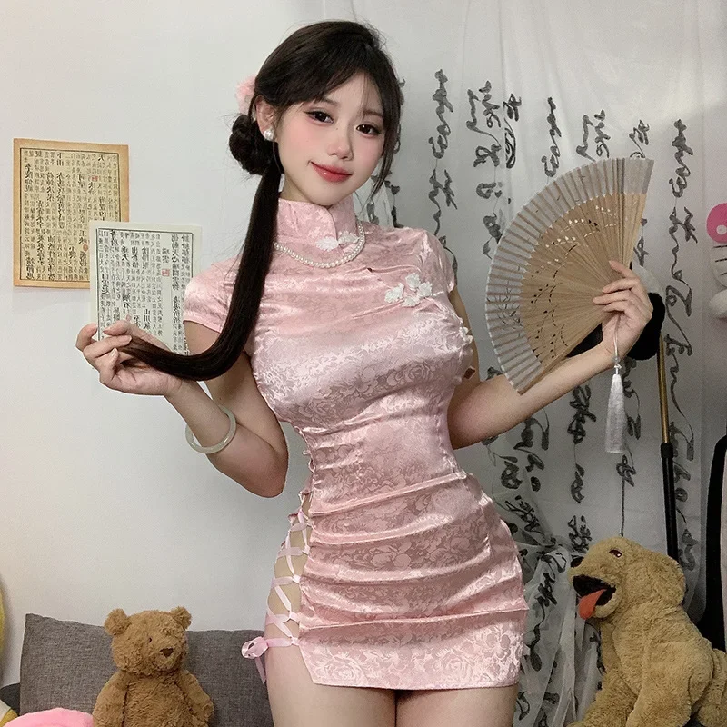 Chinese Cheongsam Dress Mini Sexy Lingerie High Split Sides Drawstring Tight Fitting Wrap Buttocks Uniform Sexy Short Club Dress