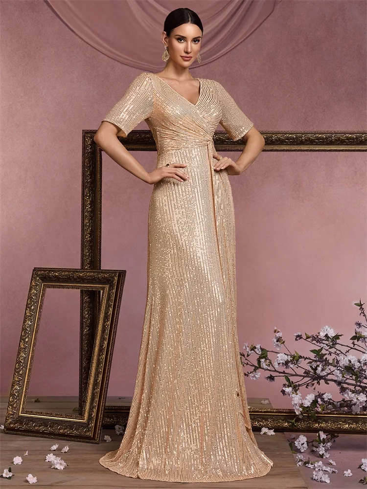 Abiti da sera di lusso con scollo a V lunghi fino al pavimento Abiti da cocktail da ballo con maniche corte e paillettes eleganti da donna