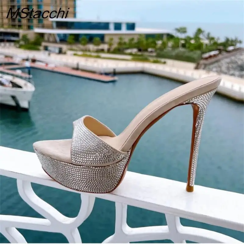 Rhinestone Super-high Heel Slippers Women Platform Gladiator Sandals Summer Mules Shoes Women Banquet Crystal Designer Shoes