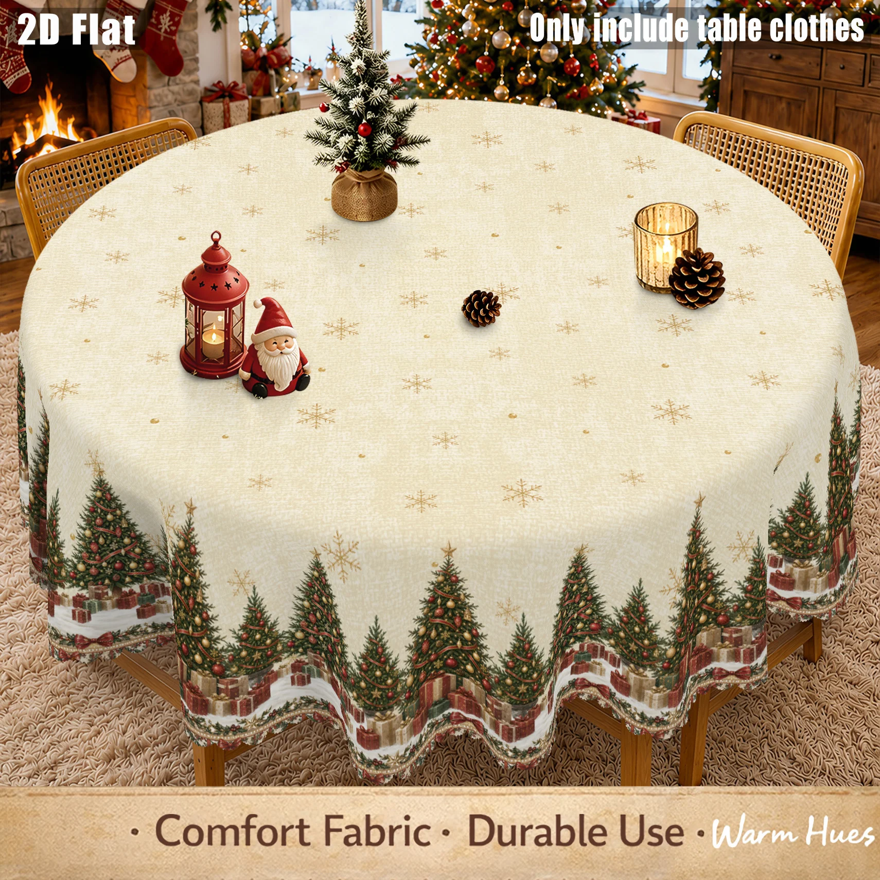 1 piece, cream Christmas tree tablecloth, gift box, snowflake, pine branch bow print