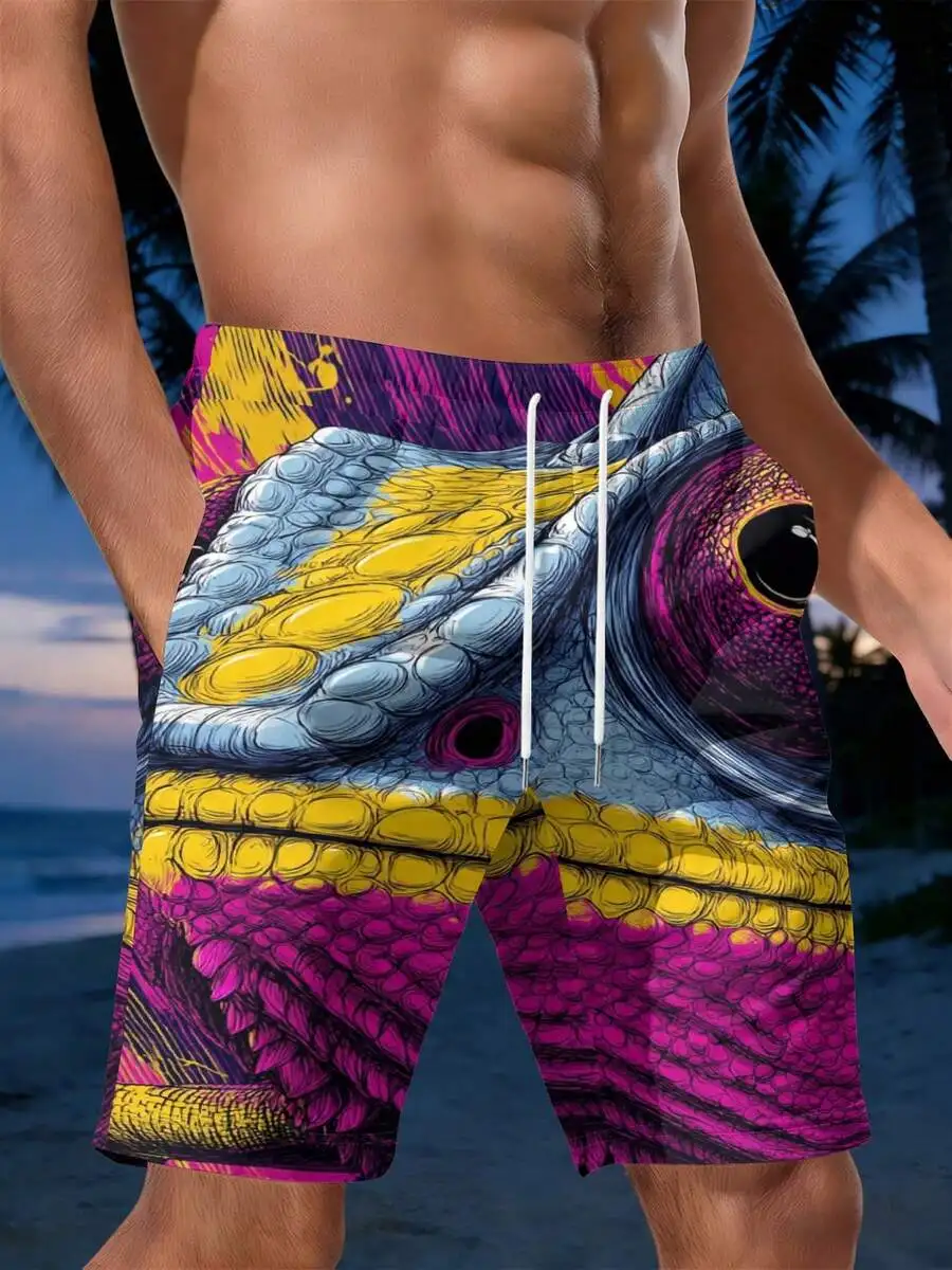 

Mens Colorful Chameleon Print Beach Shorts Quick Dry Breathable Summer Swim Trunks