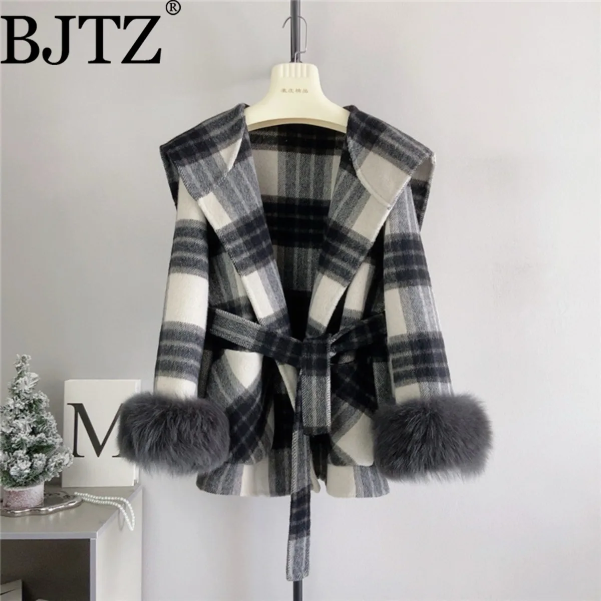 

BJTZ двустороннее клетчатое пальто со съемным лисьим мехом, кашемировая куртка из шерсти альпаки с капюшоном и поясом, клетчатая женская одежда средней длины