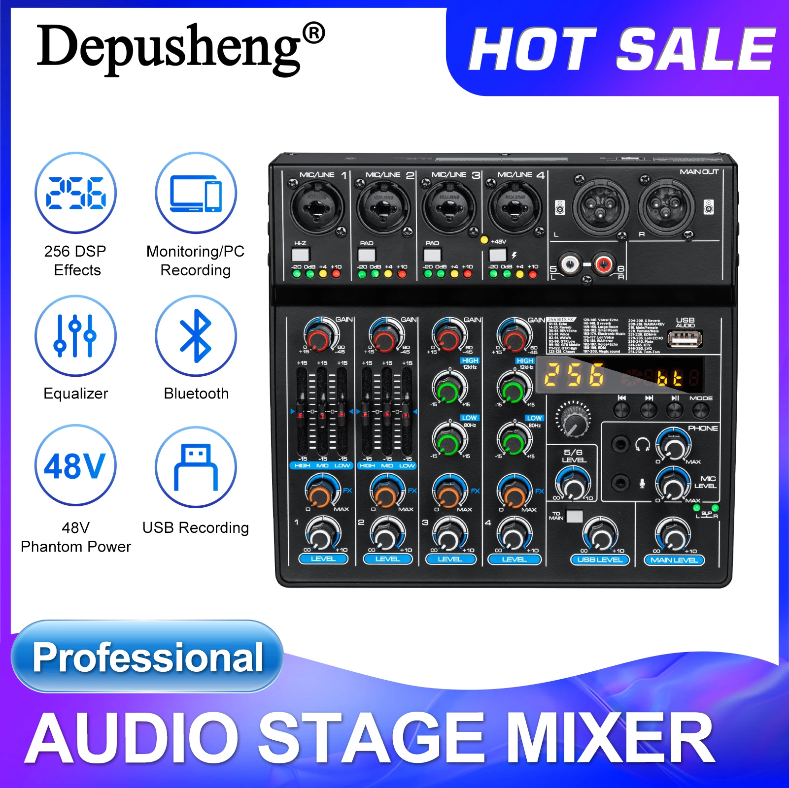 6-Kanal-Tonmischpult Depusheng M6 Bluetooth USB-Aufnahme Computeranschluss 48V Phantomspeisung Delay-Repeate-Effekt Audio-Mixer