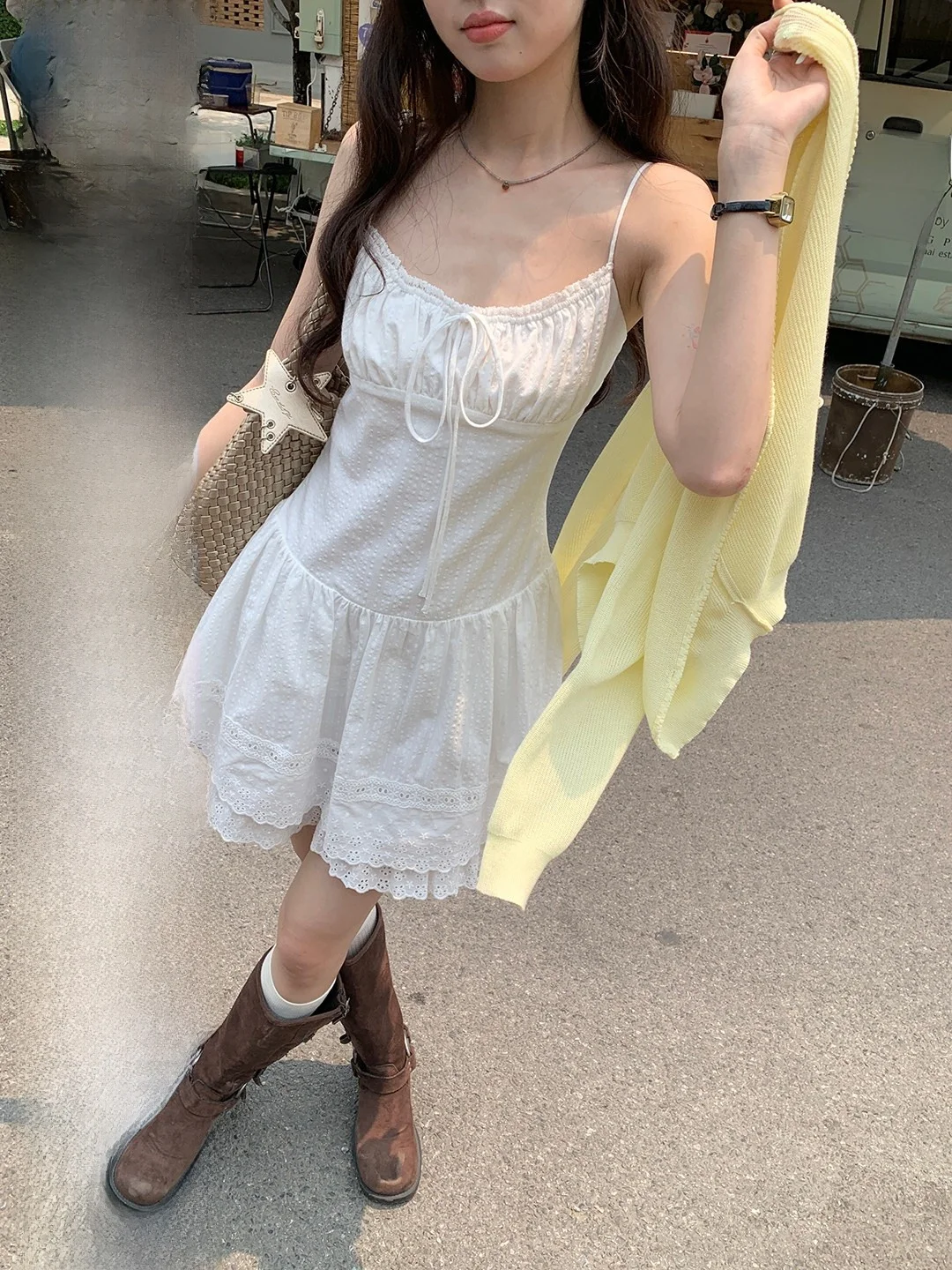 

Элегантное летнее платье в корейском стиле с вышивкой, белыми цветами и бретелями, из мягкого хлопка, для женщин