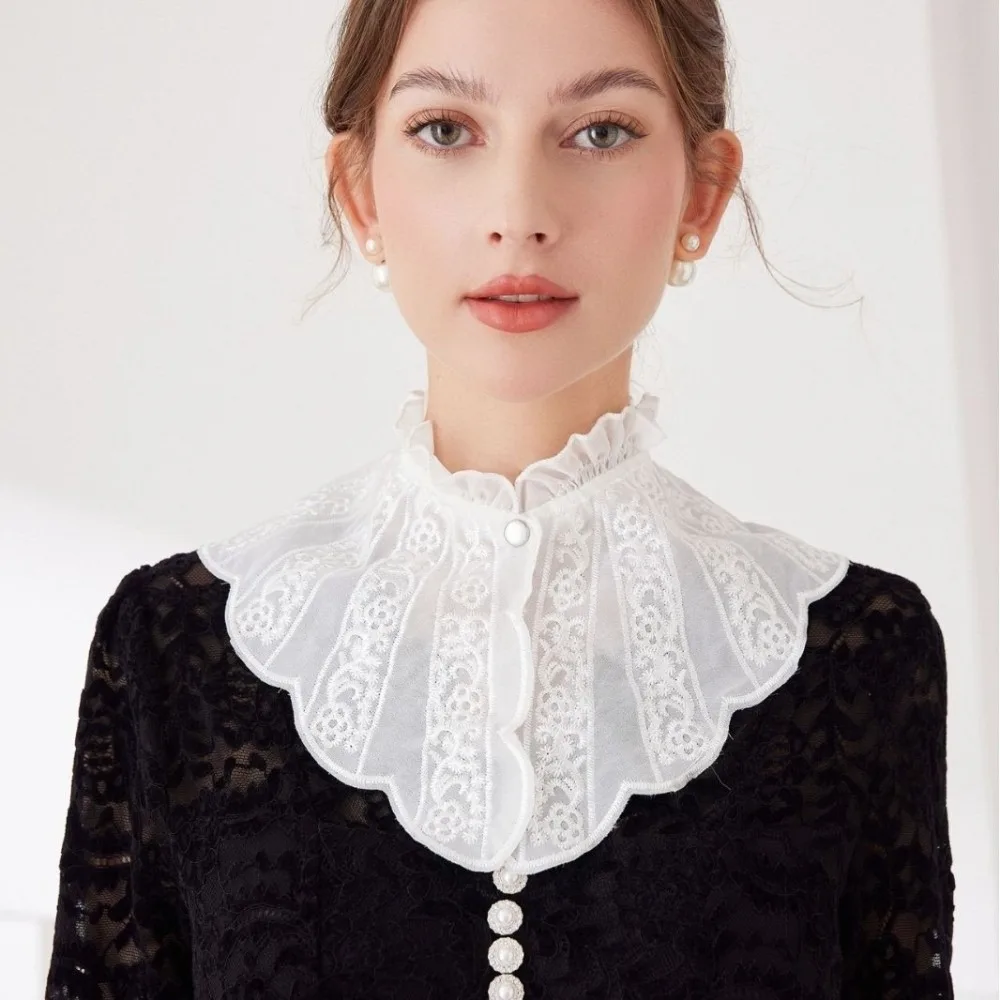 

Removable Embroidered Ruffle Collar Stand Collar Lace Women Fake Collar Scalloped Edge Victorian Design Detachable Collar