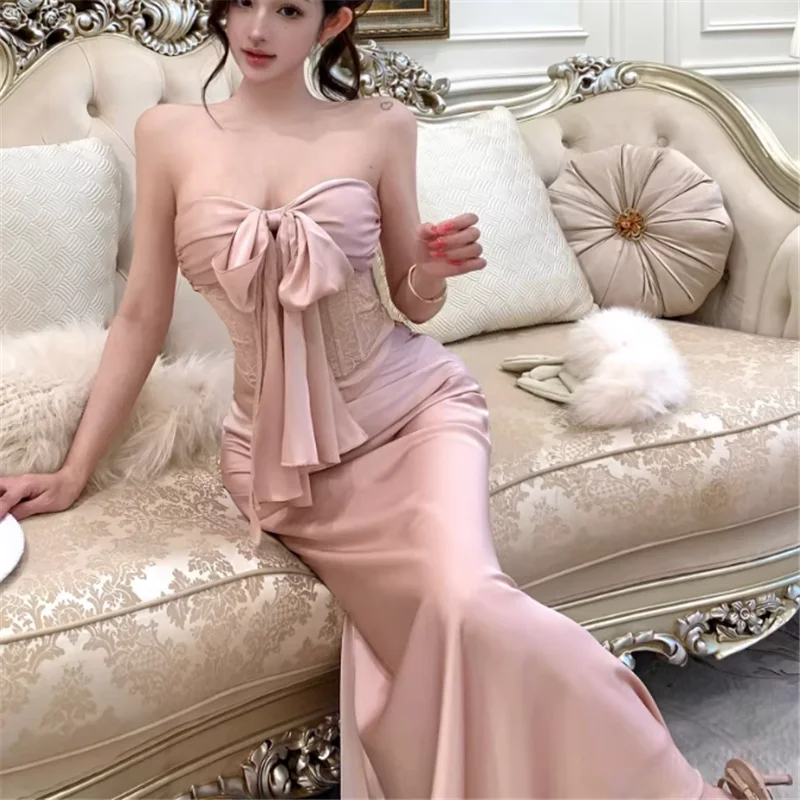 

Sweet Girl Pink Two Piece Dress Sets New Summer Sexy Bow Strapless Vest Top&High Waist Mermaid Long Skirt Glossy Satin 2pc Suits