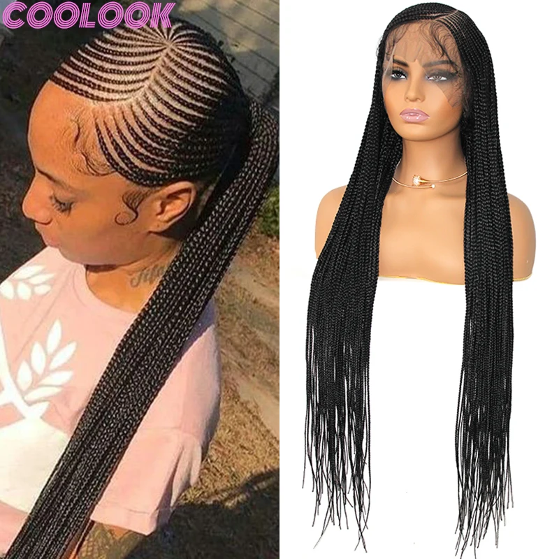 

Synthetic Full Lace Frontal Braided Wigs 36inch Side Part Cornrow Silky Braids Lace Front Wig with Bang Heat Resistant Braid Wig