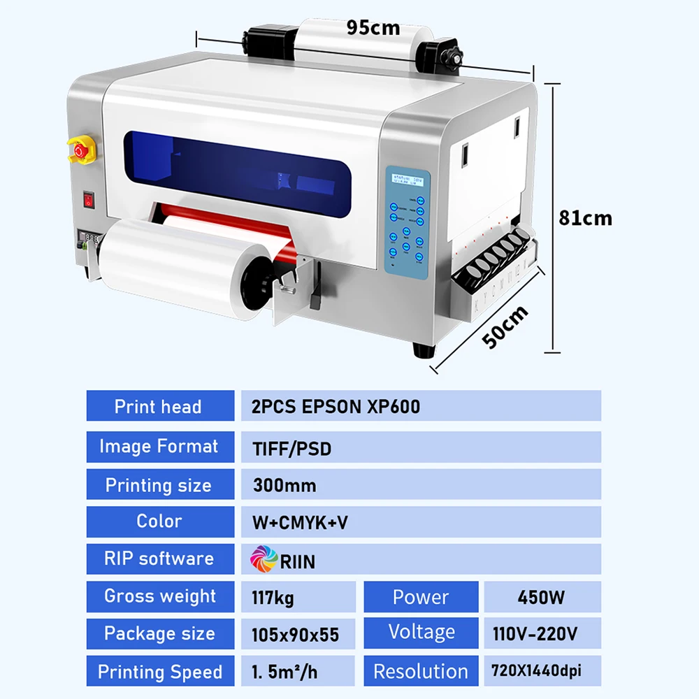 Stampante A3 UV DTF Dual XP600 Stampante per adesivi 2 in 1 Stampante per trasferimento adesivi UV DTF Macchina da stampa per tazza Tappo di vetro