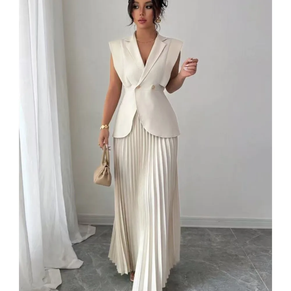 Fashion Suit Collar Sleeveless One-button Top + Skirt 2piece Set Spring Summer New Pleated Long Skirt Elegant Women's Skirt Suit